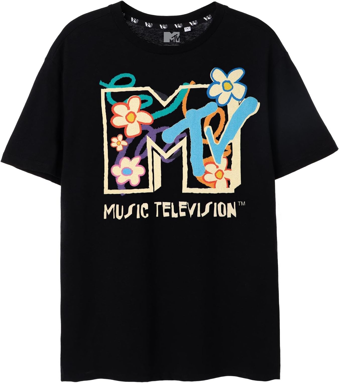 MTVWomens T-Shirt | Ladies Classic Logo & Floral Graphic Tee in Black | Iconic Retro Music Television Lightweight Short-Sleeve Top | Nostalgic Music Merchandise Gift for Adults