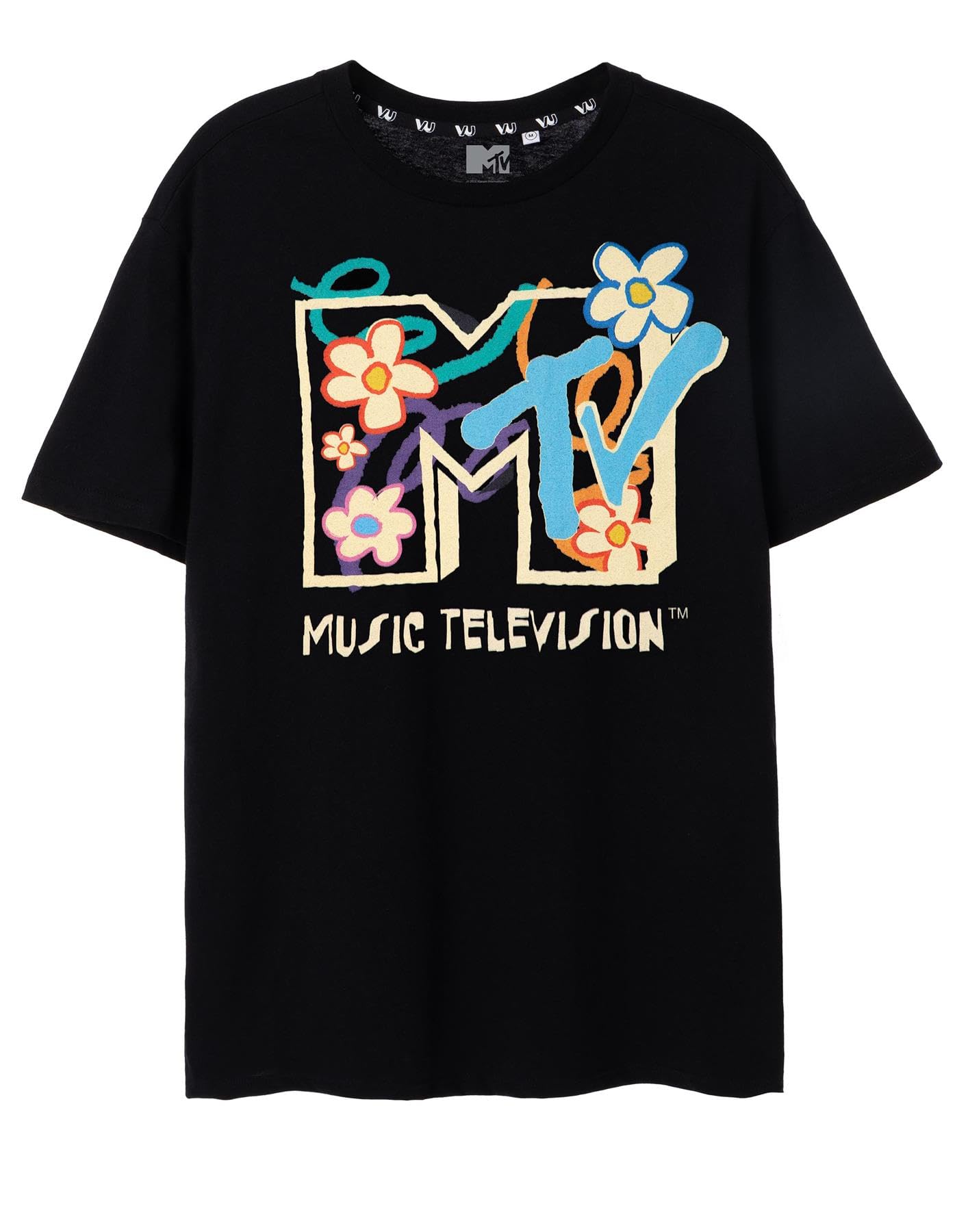 MTVWomens T-Shirt | Ladies Classic Logo & Floral Graphic Tee in Black | Iconic Retro Music Television Lightweight Short-Sleeve Top | Nostalgic Music Merchandise Gift for Adults
