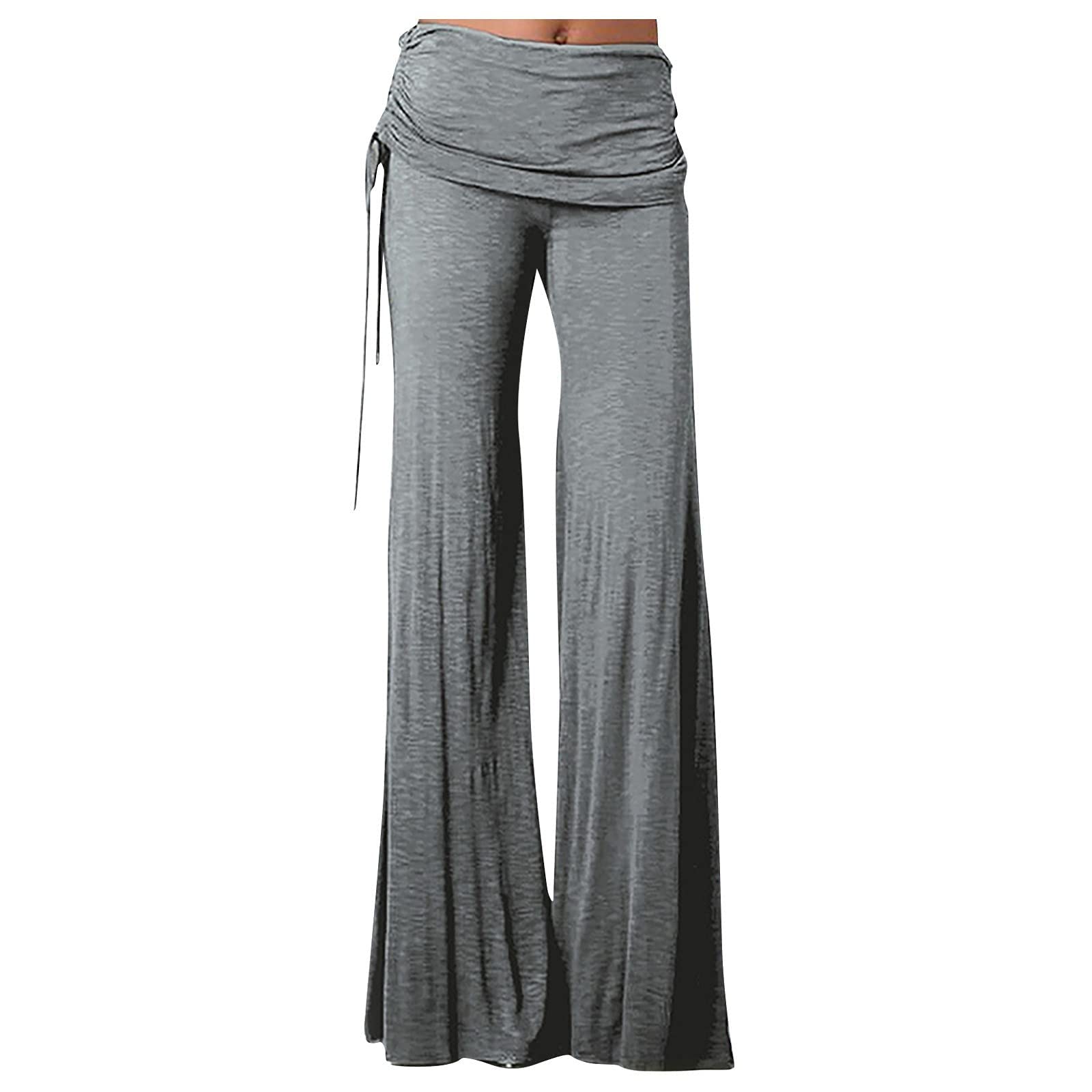 Womens Wide Leg Pants Classic Relaxed Fit Flared Drawstring Yoga Straight Legs Pants High Waist Stretch Pants Trousers