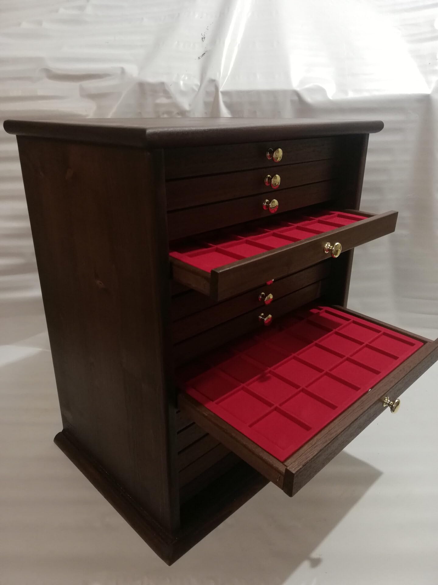 Médaillier en Bois Artisanal 15 Tiroirs avec Plateaux Floqués pour Pièces et Médailles, Rangement Numismatique, Fabriqué en Italie