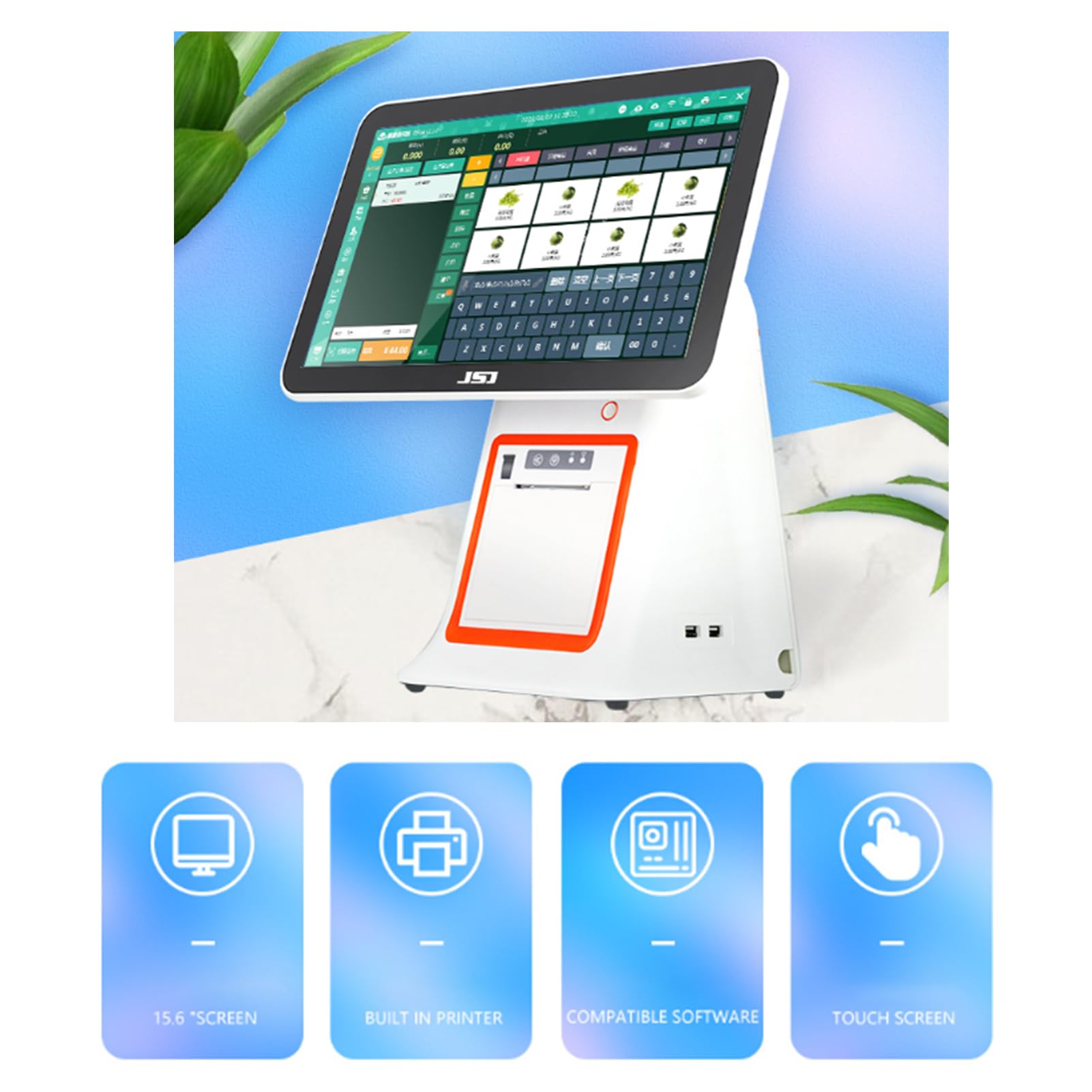 Sistema TPV Profesional, Caja Registradora con Impresora, Pantalla Táctil LED 15.6 Pulgadas, Módulo Térmico 58 Mm Integrado, Diseño Compacto, para Panaderías Y Tiendas De Bebidas