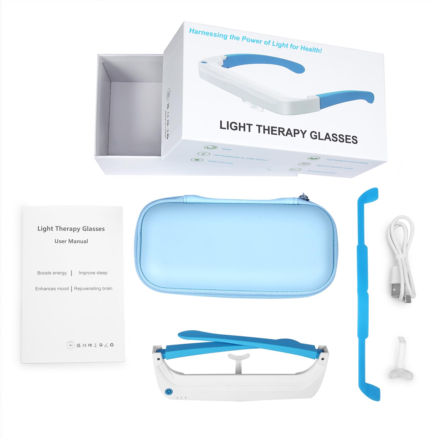 Gafas de luminoterapia Blue-3 Pro | Regula tu ritmo circadiano, aumenta la energía y lucha contra el jet lag | LED sin UV | Comodidad sobre las gafas | Carga USB-C