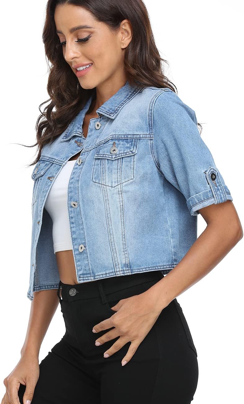 Dilgul Women's Denim Jacket Button Down Short Sleeve Cropped Jean Jacket Coat - Image 2