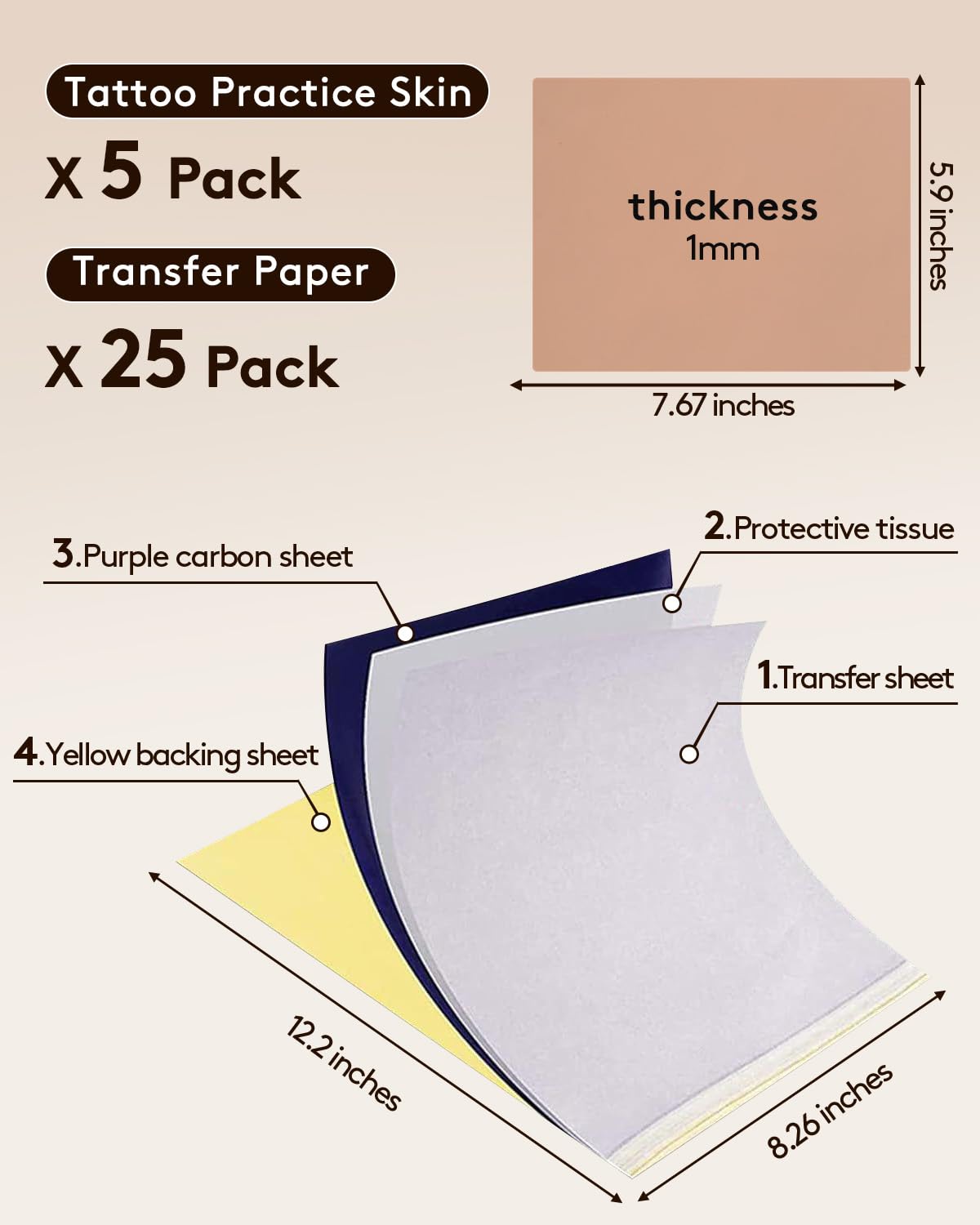 25 Pack Tattoo Skin Practice Kit with Transfer Paper, Fake Skin for Tattoo Practice Kit, 5pcs 7.6x6in Skins and 20pcs Transfer Paper for Beginners or Artists