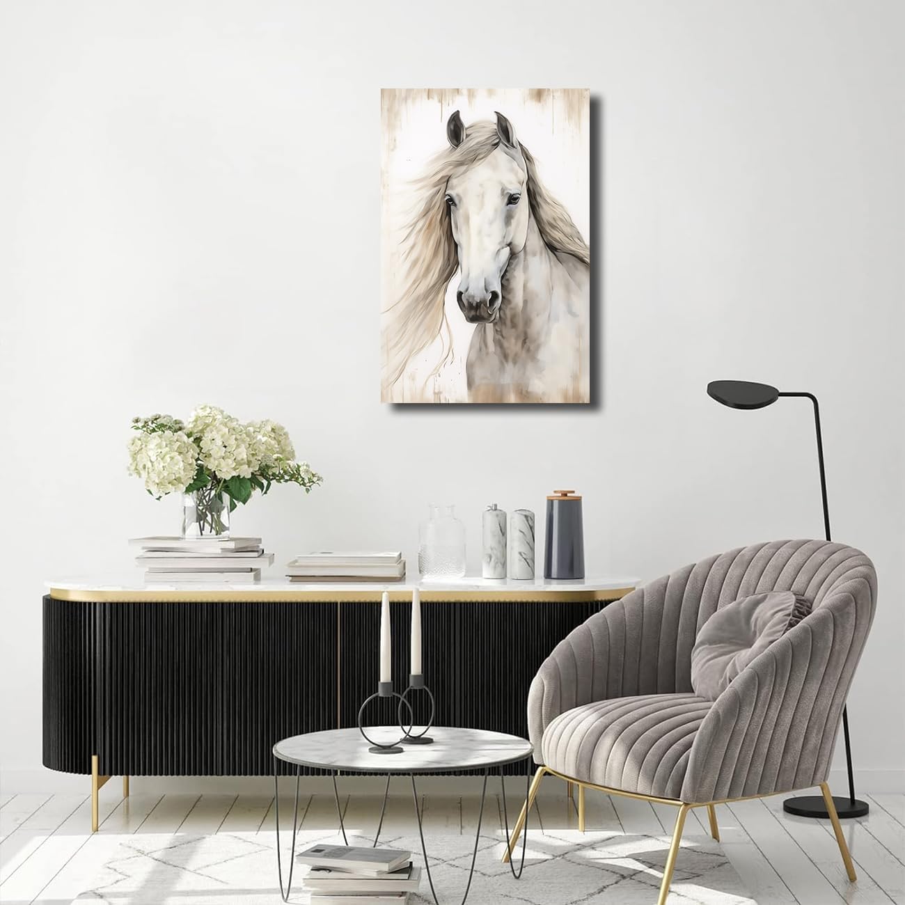 Canvas Wall Art Animal，Horse Head Paintings，Farmhouse White Horse Portrait Picture Prints Living Room Decor Framed(Horse Art-2,24x36inch (60x90cm))