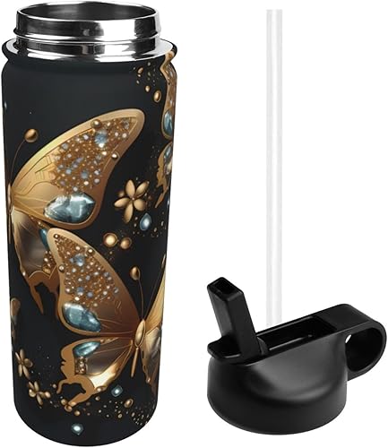 Miniatura 3 de Fantasy - Botellas de agua aisladas con diseño de mariposa y pajita, botella de agua deportiva de acero inoxidable de 18 onzas, a prueba de fugas,