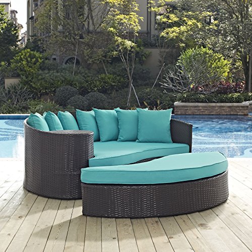 Modway Convene Wicker Rattan Outdoor Patio Poolside Sectional Sofa Daybed with Cushions in Espresso Turquoise