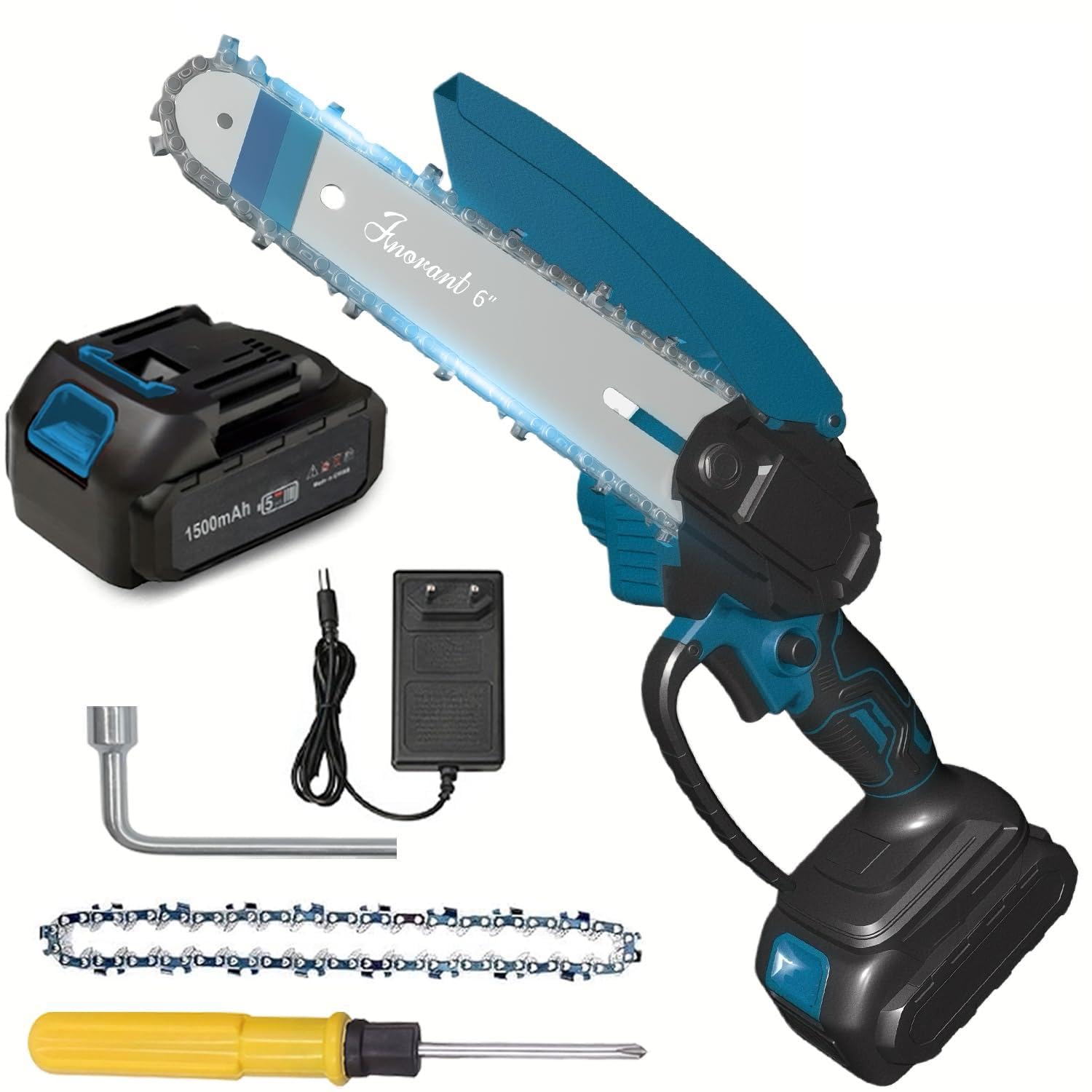 Mini Cordless Electric Chainsaw, 6-Inch High Carbon Steel Blade, Battery-Powered, 21V with Safety Lock, Wood Cutting, 45-Degree Angle, 3.5 lbs (Blue Single-Cell Battery)