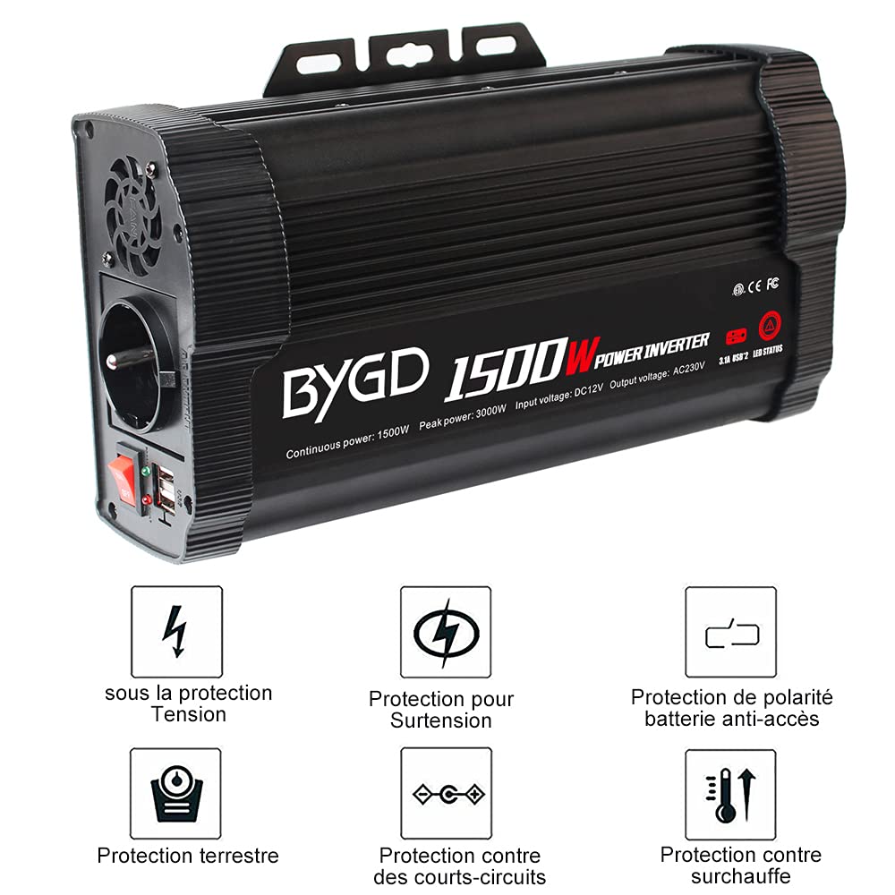 BYGD 1500W Convertisseur de Tension, 12V 220V 230V Onduleur de Voiture