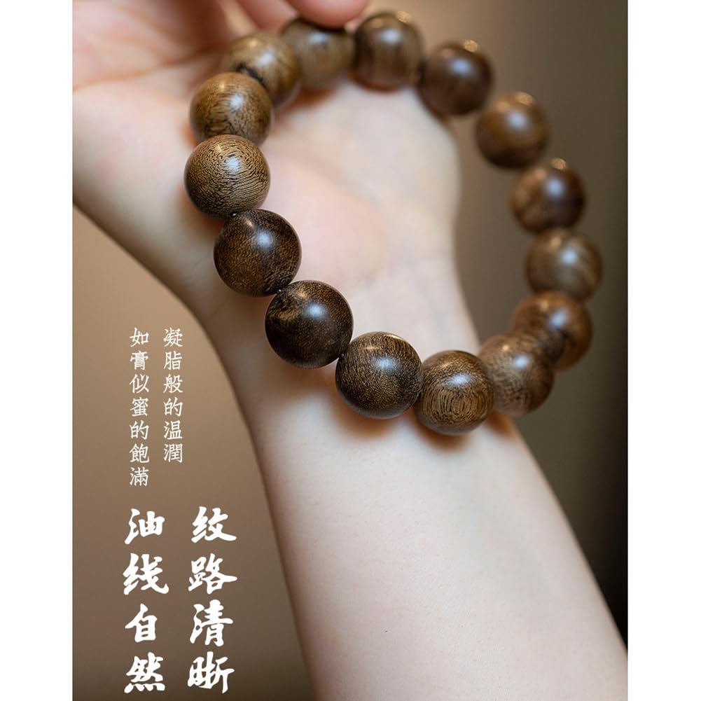 Pulsera de Cuentas de Madera de agar Qi Nan Natural, Pulsera de Cuentas de Madera Pulida a Mano de una Sola hebra para Hombres y Mujeres,10 mm × 19 Beads