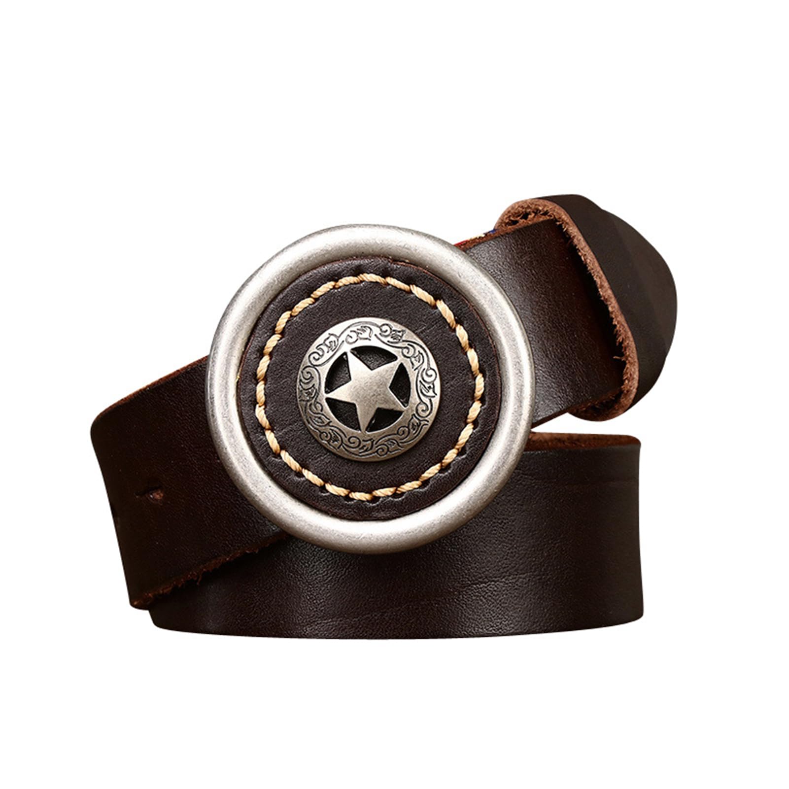 Cintura Western per Uomo/Donna Largo 38 Mm Cowboy Country Cinghia in Vita 5,5 Mm Addensare con Fibbia a Cerchio con Pentagramma Inciso(115cm/45, Coffee)
