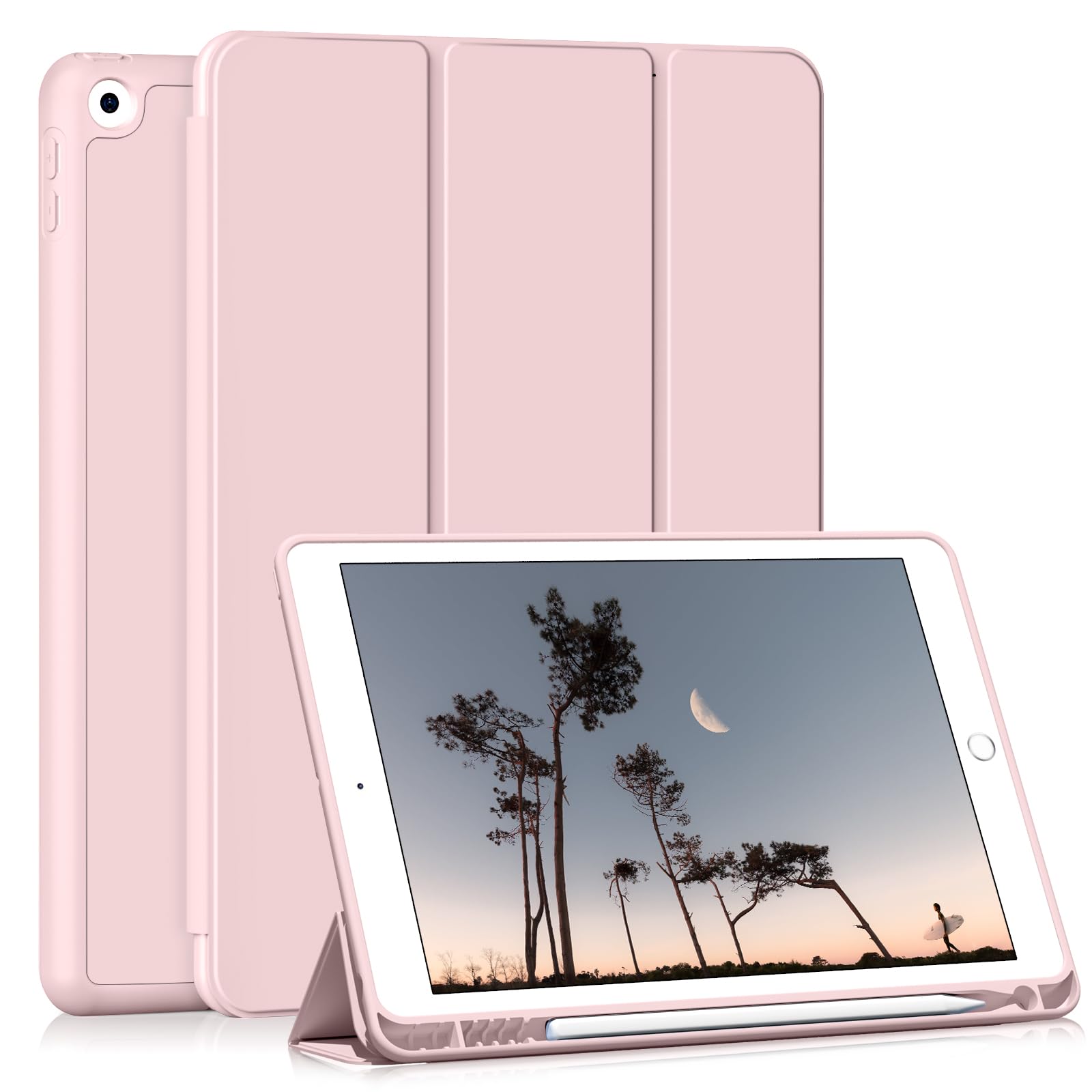 HMTDIYOU Hülle für iPad 9. 8. 7. Generation, Hülle mit Stifthalter für iPad 9/8/ 7 2021/2020/ 2019 10,2 Zoll, Weiche Silikon Schutzhülle, Automatisches Schlafen/Aufwachen, Rosa