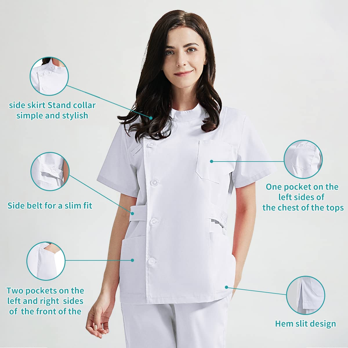 VIAOLI Uniform Nurse Women Slim Scrubs Housekeepers Healthcare Dental Assistant Workwear Medical Short Sleeve Blouse (White,M,Medium)
