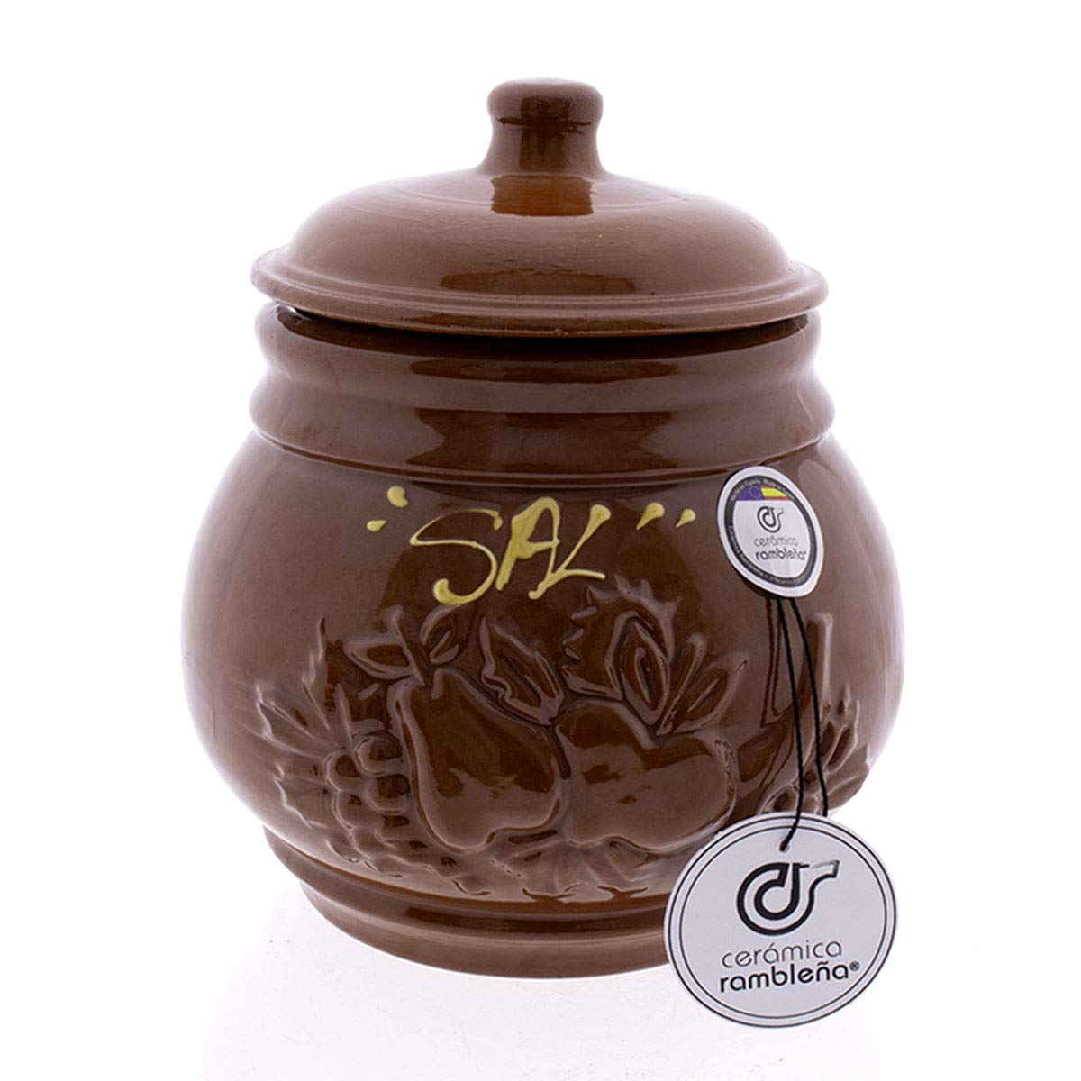 CERÁMICA RAMBLEÑA | Saliera Cucina | Saliera con Coperchio di Legno | Contenitore del Sale | Saliera Ceramica | Saliera Originale Modello 09 | 100% Decorato a Mano in Spagna | 12.5x10.5x13 cm