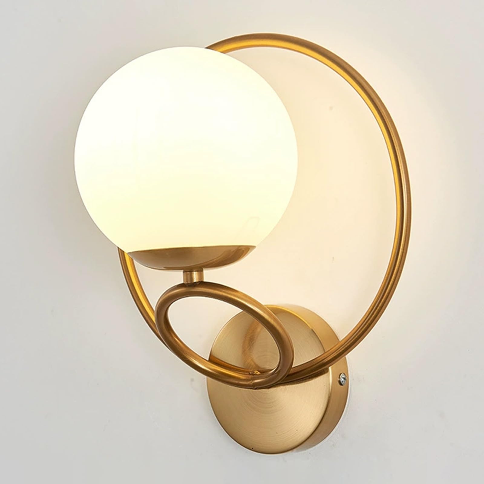 SXWNBIFH Mid Century Metal Ring Wall Sconces Modern Vanity Wall Lamp with White Globe Lampshade E27 Wall Light Fixture for Bathroom Bedroom Living Room Background Wall(Gold)