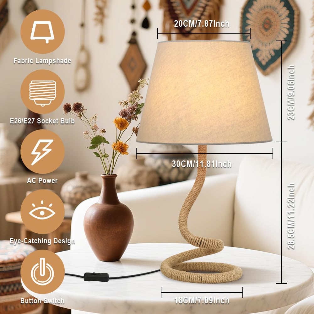 Lampa stołowa z liny konopnej, kreatywna, spersonalizowana lampka nocna, lampa na biurko z kloszem z materiału, nowoczesna dekoracja boho, przełącznik z przewodem, żelazna podstawa, głowica E27