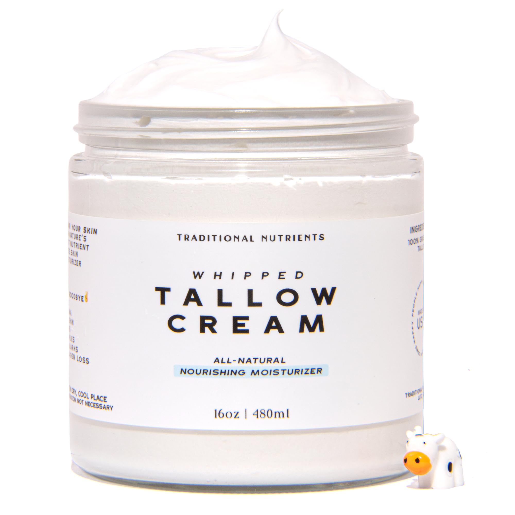 Whipped Tallow Skin Cream GRASS FED + Plain, No Additives, Tallow Face Cream, Tallow Lotion, Glass Jar, Tallow Balm, Beef Tallow Moisturizer (16 oz.)
