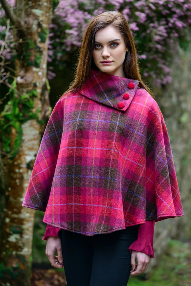 Mucros Weavers Ladies Plaid Poncho, Made in Ireland, 100% Irish Wool (Pink)2