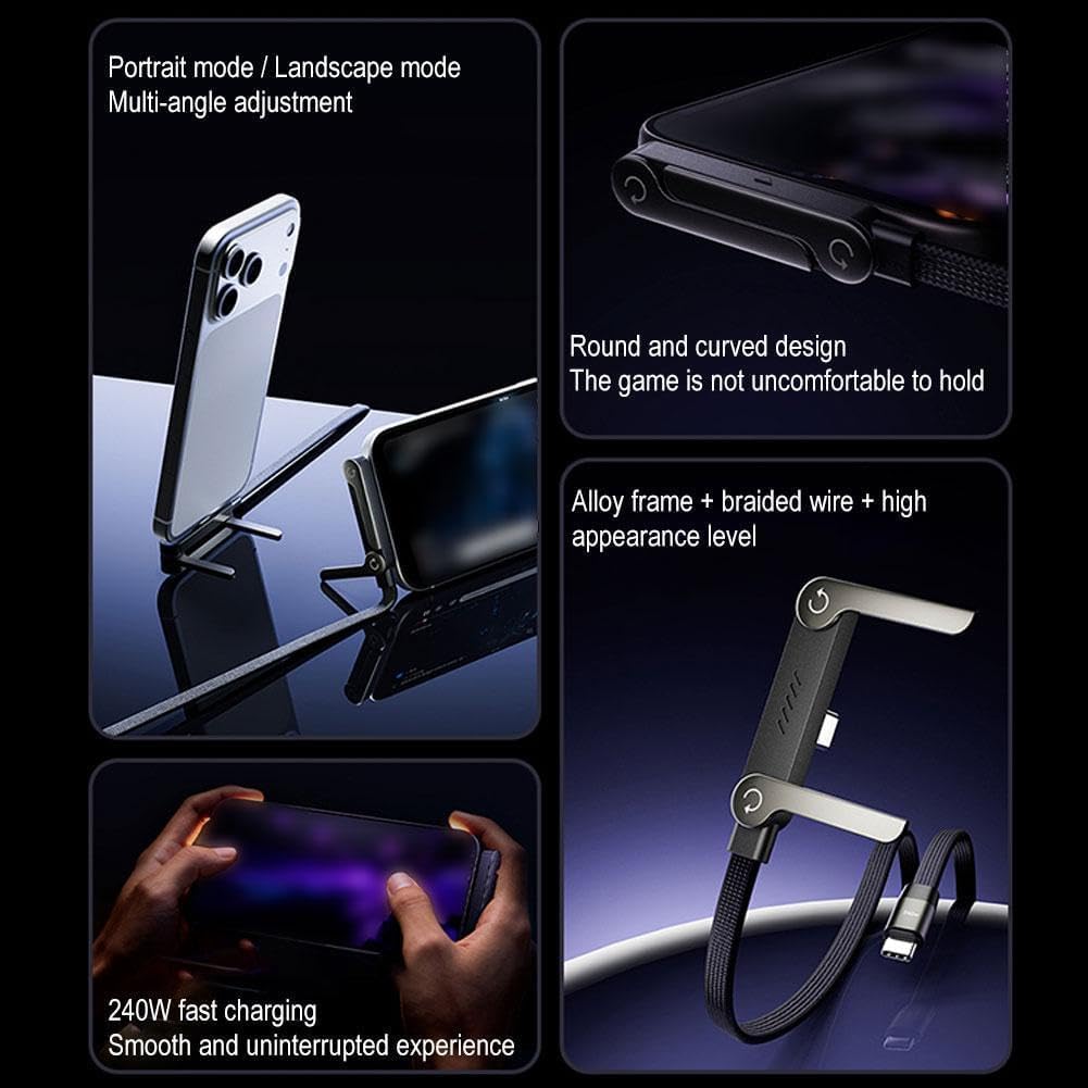 Cavo USB-C intrecciato a ricarica rapida con supporto per telefono integrato, cavo pieghevole a forma di T a 90 gradi, caricabatterie multifunzionale, lunghezza 1,5 m, design ad angolo retto