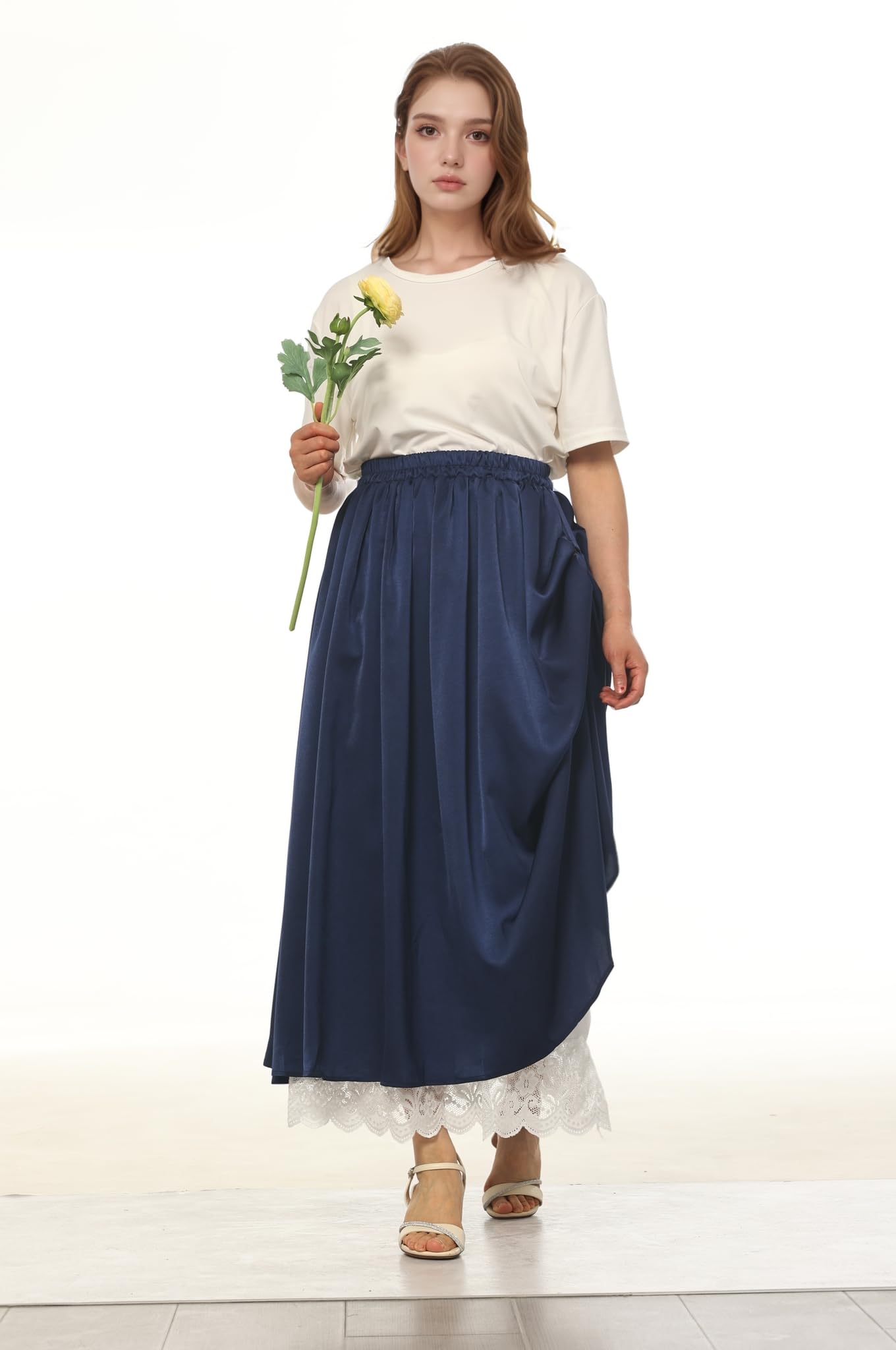 CAMDOM Jupe Renaissance médiévale à Taille élastique pour Femme - Jupe trapèze Double Couche en Dentelle - Longue Robe Victorienne