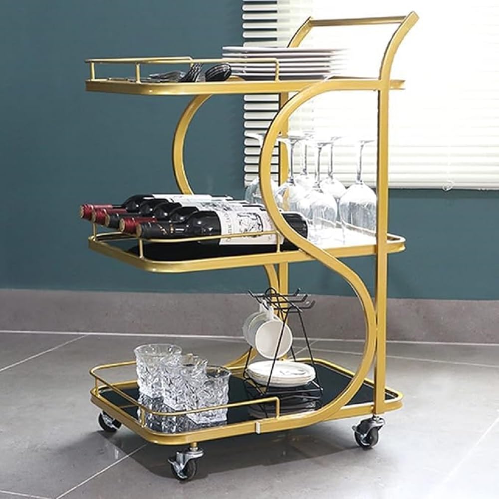 FURNIFOX Nestiung Tables for Serving 3 Tier Kitchen Coffee Cart On Wheels,Rolling Trolley Carts for Tea Wine Drink Hotel, Restaurant, Home, Home Bar, Kitchen Cart with Storage (Golden Black)