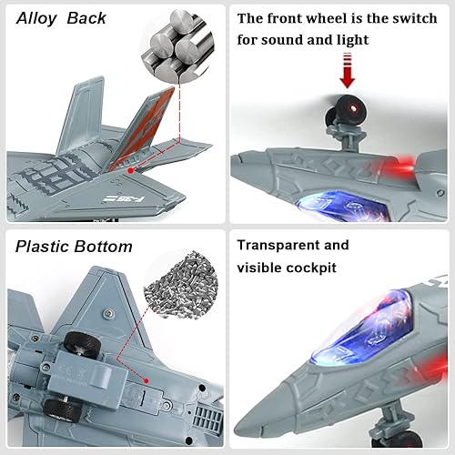 Miniatura 6 de Juguete de avión F35 F16, paquete de 2 juguetes de caza para niños, jets de juguete de retroceso, modelo de aviones fundidos a presión con luz y