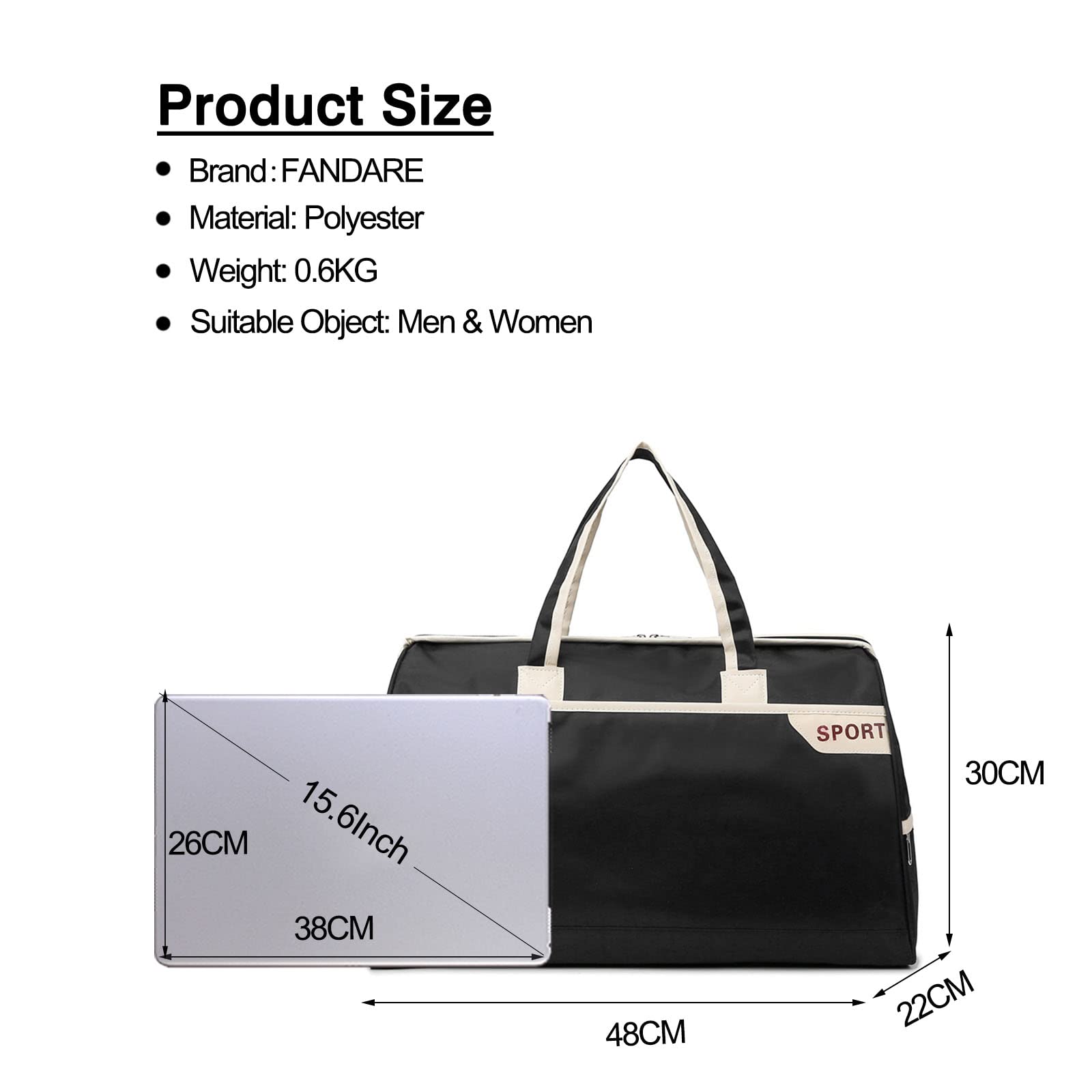 FANDARE Borsone da Viaggio Borse da palestra Borsoni da palestra Sportiva Tote da viaggio Borsa Sportiva Weekender Donna Uomo Piscina Palestra Borsa a Spalla Grande Capacità Borsa a Tracolla Nero