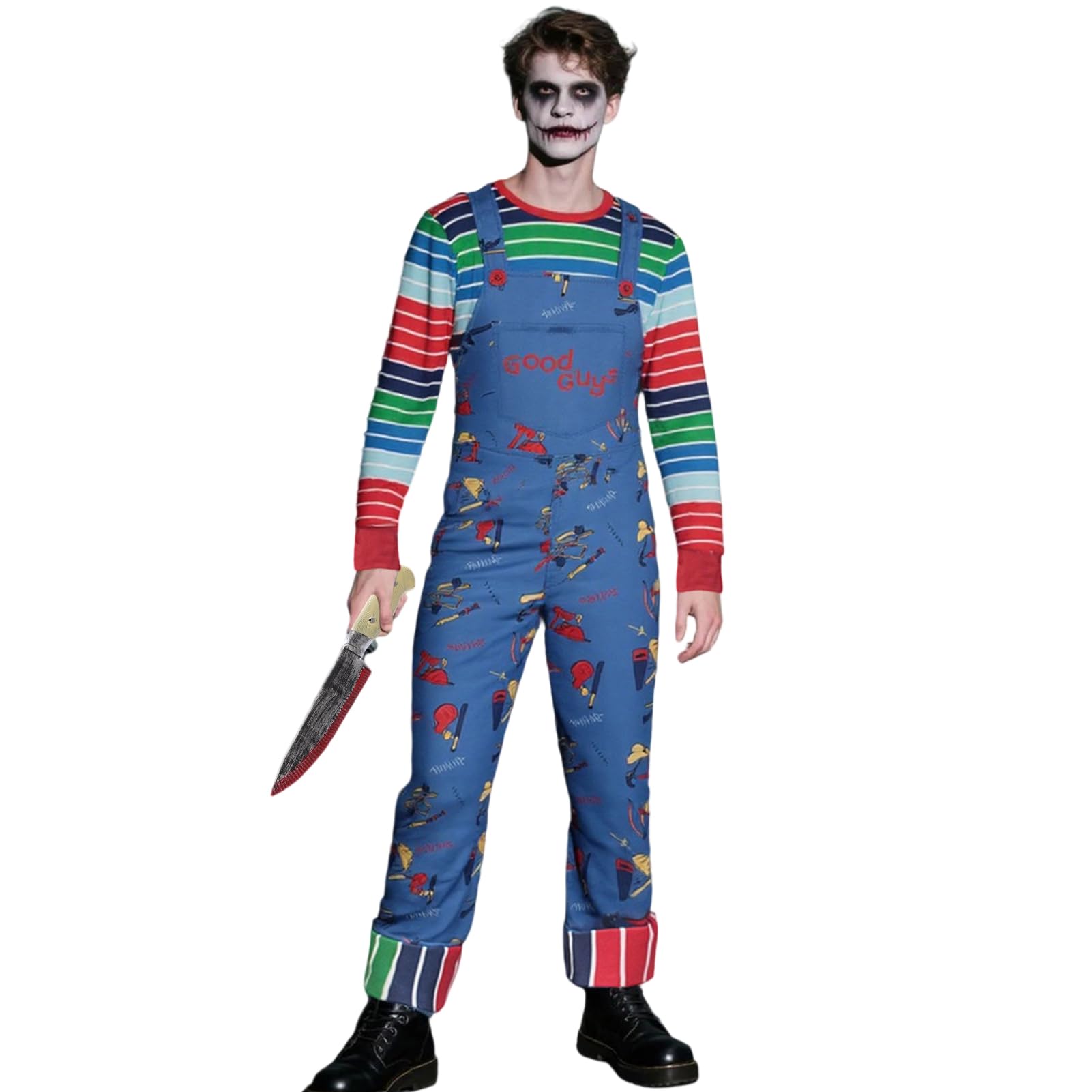 Aleshime Chucky Costume Men Halloween Fancy Dress, Adult Scary Nightmare Killer Doll Movie Character Costume Chucky Doll Cosplay Outfit Set(M)