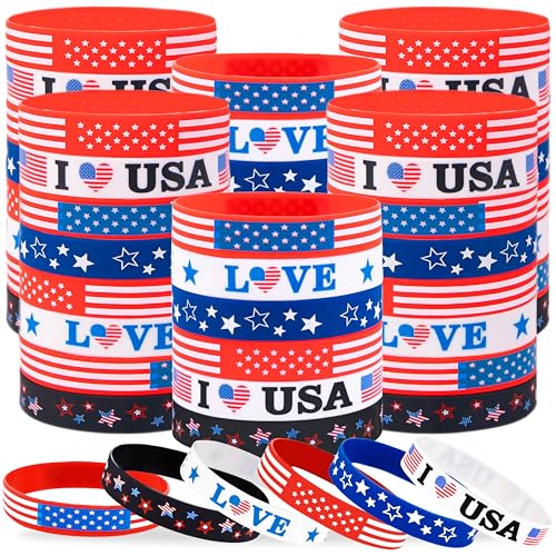 Moon Boat 74PCS 4th/Fourth of July Accessories Party Favors: Patriotic Silicone Rubber Bracelets Bulk USA Flag Wristbands American Memorial Day Decorations Gifts Supplies