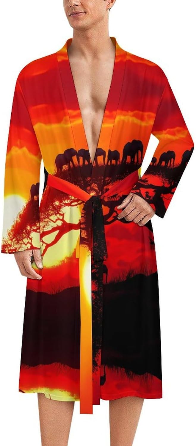 Funny Elephants Sunset Mens Robe Long Bathrobe for Women Bath Robes Lightweight Soft Printed Sleepwear