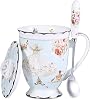 YBK Tech Euro Style Porcelain Tea Cup Coffee Mug with Lid for Breakfast Home Kitchen Rose and Dress Pattern Blue