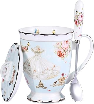 Porcelain Coffee Mug with Lid, 11oz Rose&Dress Pattern Blue