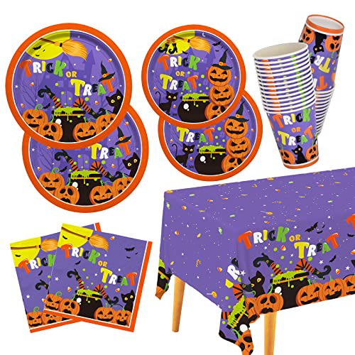 Halloween Party Supplies Kit Serve 25, Halloween Witch Pumpkin Design Includes Disposable Dinner Plates, Dessert Plates, Napkins, Cups And Tablecloth, Perfect For Halloween Birthday Party Decorations #TOP17