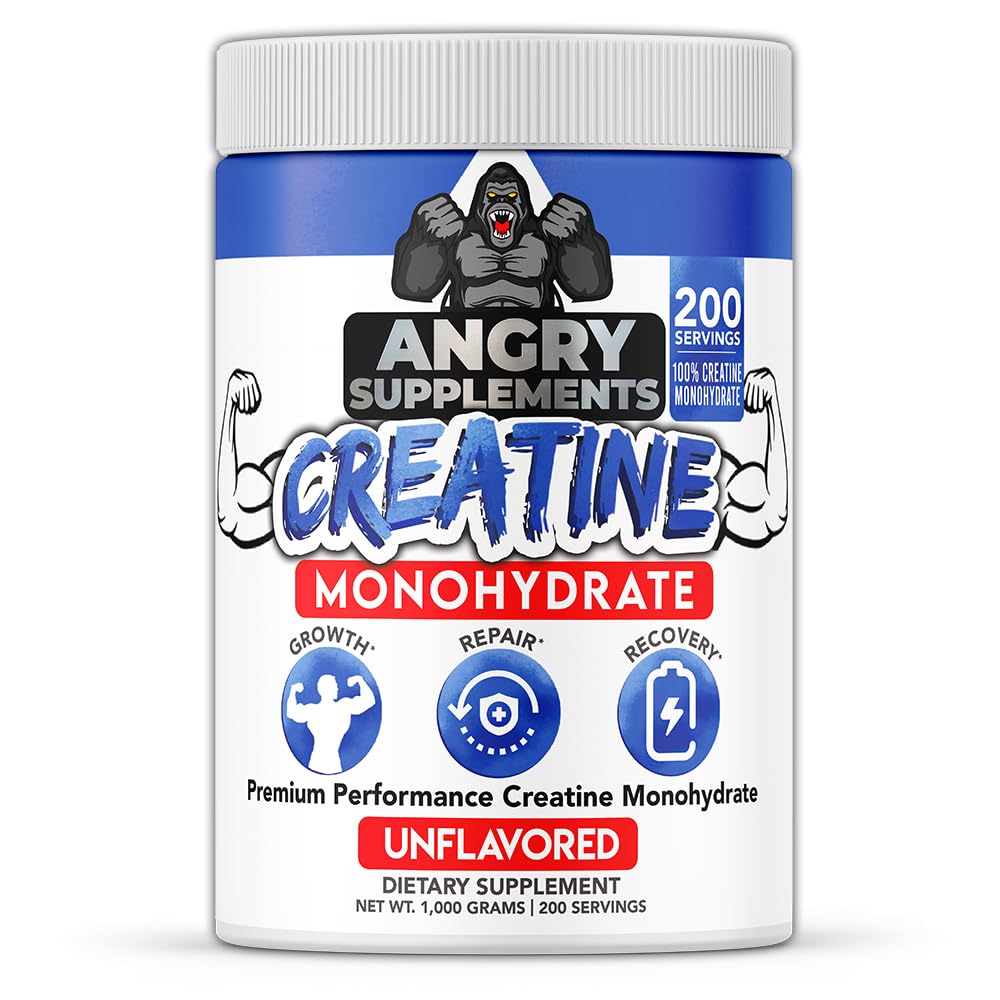 Angry SupplementsCreatine Monohydrate 200 Mesh Premium Performance Unflavored Powder - Pure Muscle Fuel for Strength and Workout Endurance for Men and Women (1 Kilo, 200 Servings)