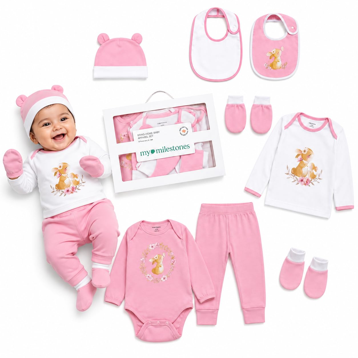 My Milestones 8 Pieces Full Sleeves New Born Baby Gift Set, Infant Gift Set, Clothing Set for Boys - 0-6 Months (Pink)-image-20