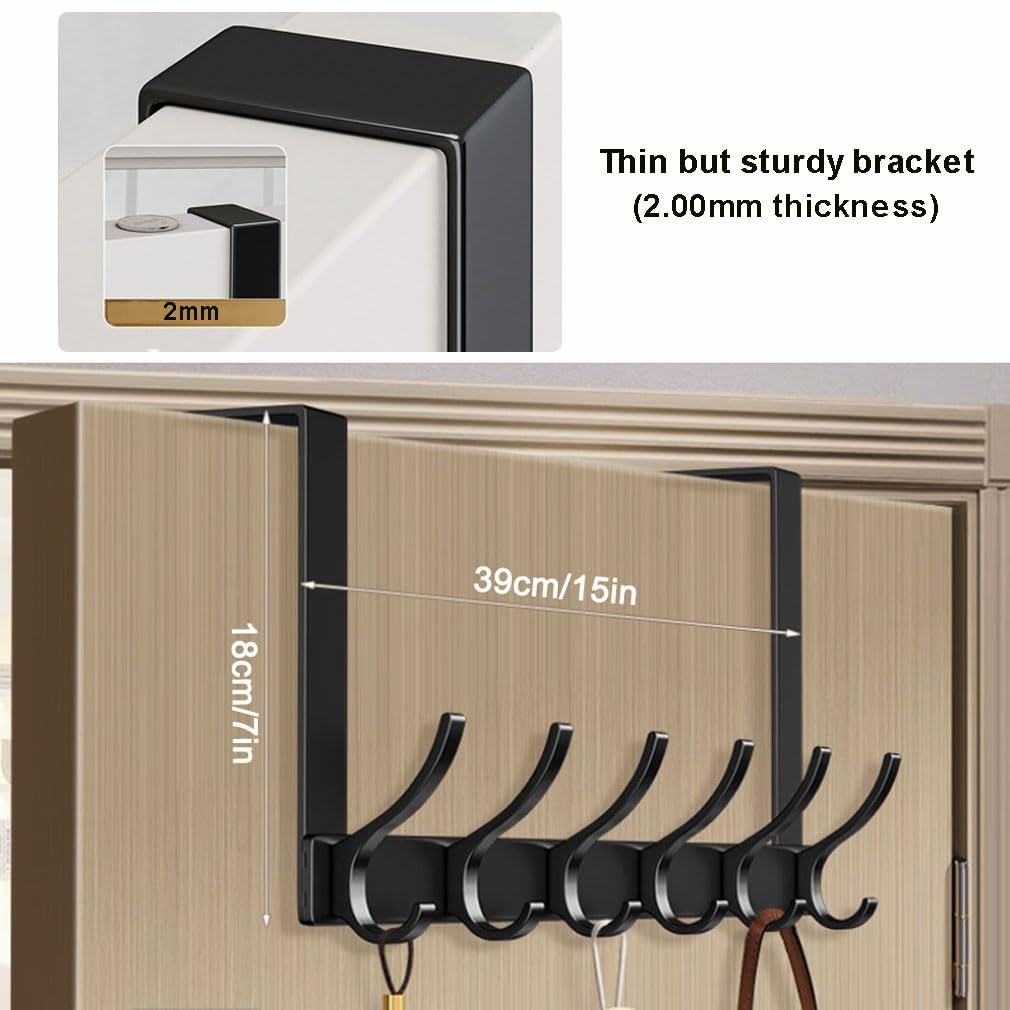 HUIBOHOU Over Door Hooks, Heavy Duty Aluminum Over Door Hanger, 6 Hooks for Coats Hats, Bags, Clothes, Towels (Black) - Image 3