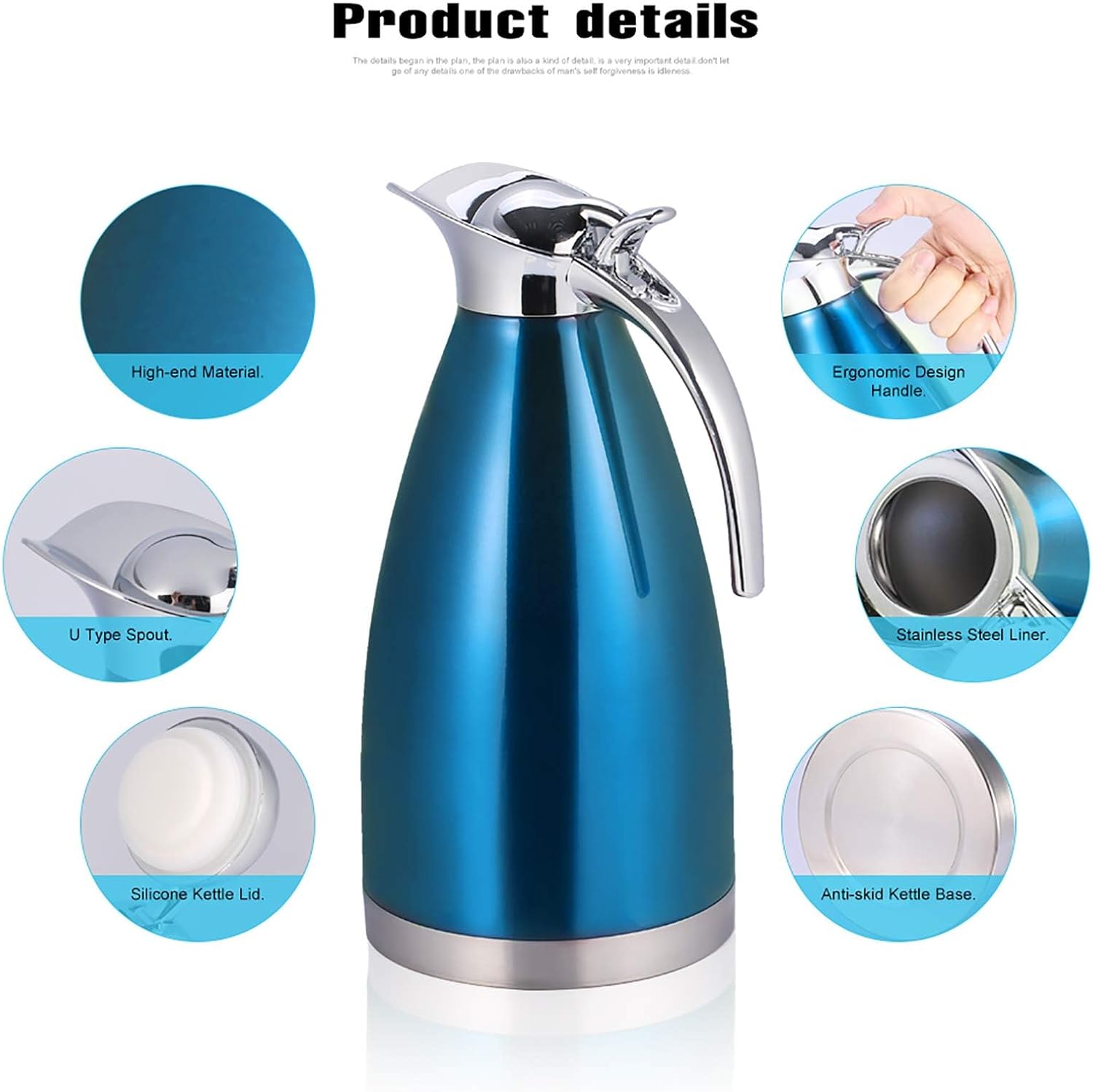 Detailed view of the coffee pot components including lid, spout, handle, liner, and base