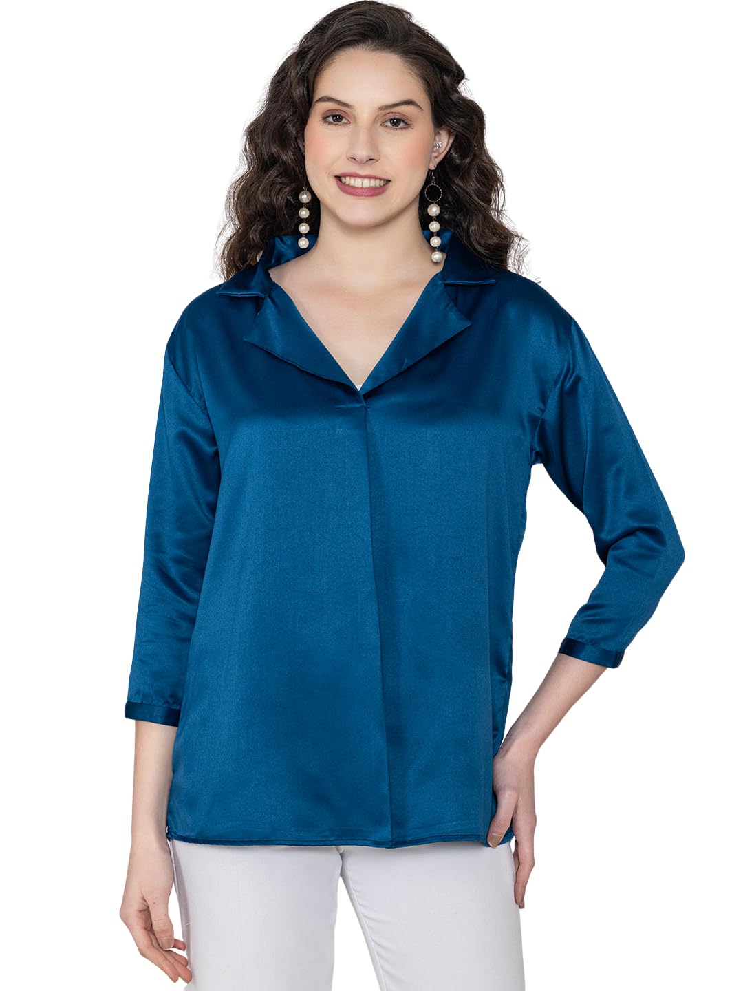 lounge dreams Navy Blue Solid Satin Collar Shirt Top-picture-29