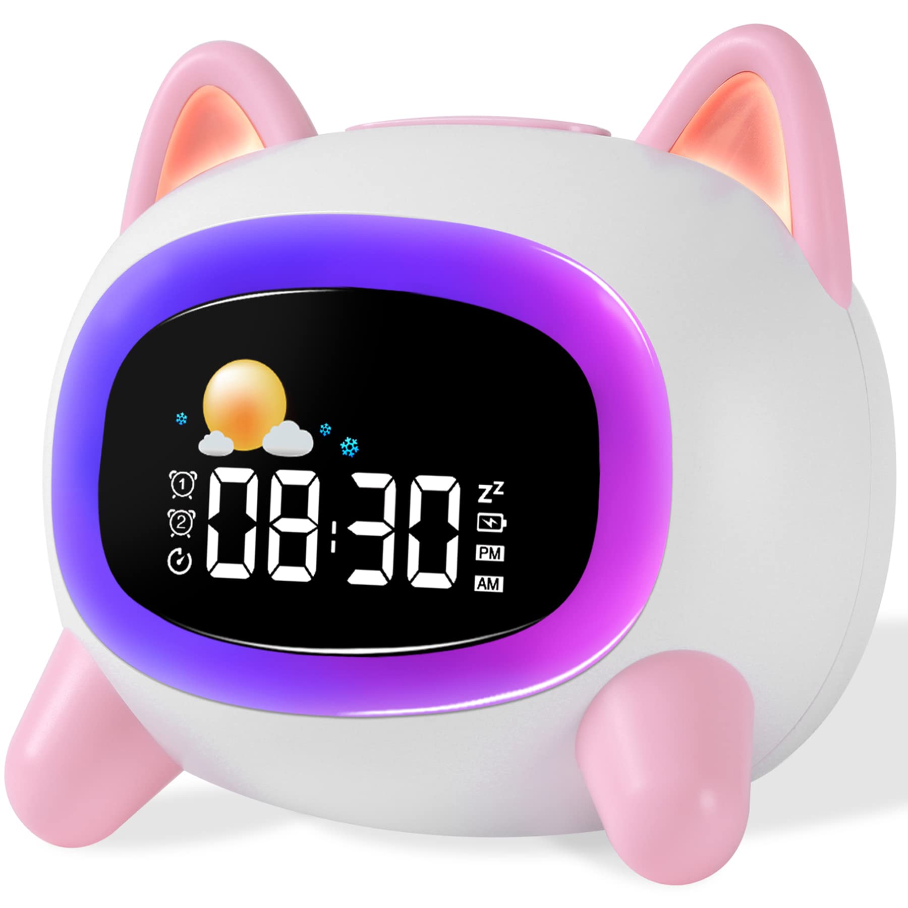JokiRydo Kids Alarm Clock for Girls Toddler OK to Wake Clocks for Kids with Sleep Trainer Countdown Night Light Sleep Sound Machine Color Changing Cute Cat Clock for Boys Teens Bedroom