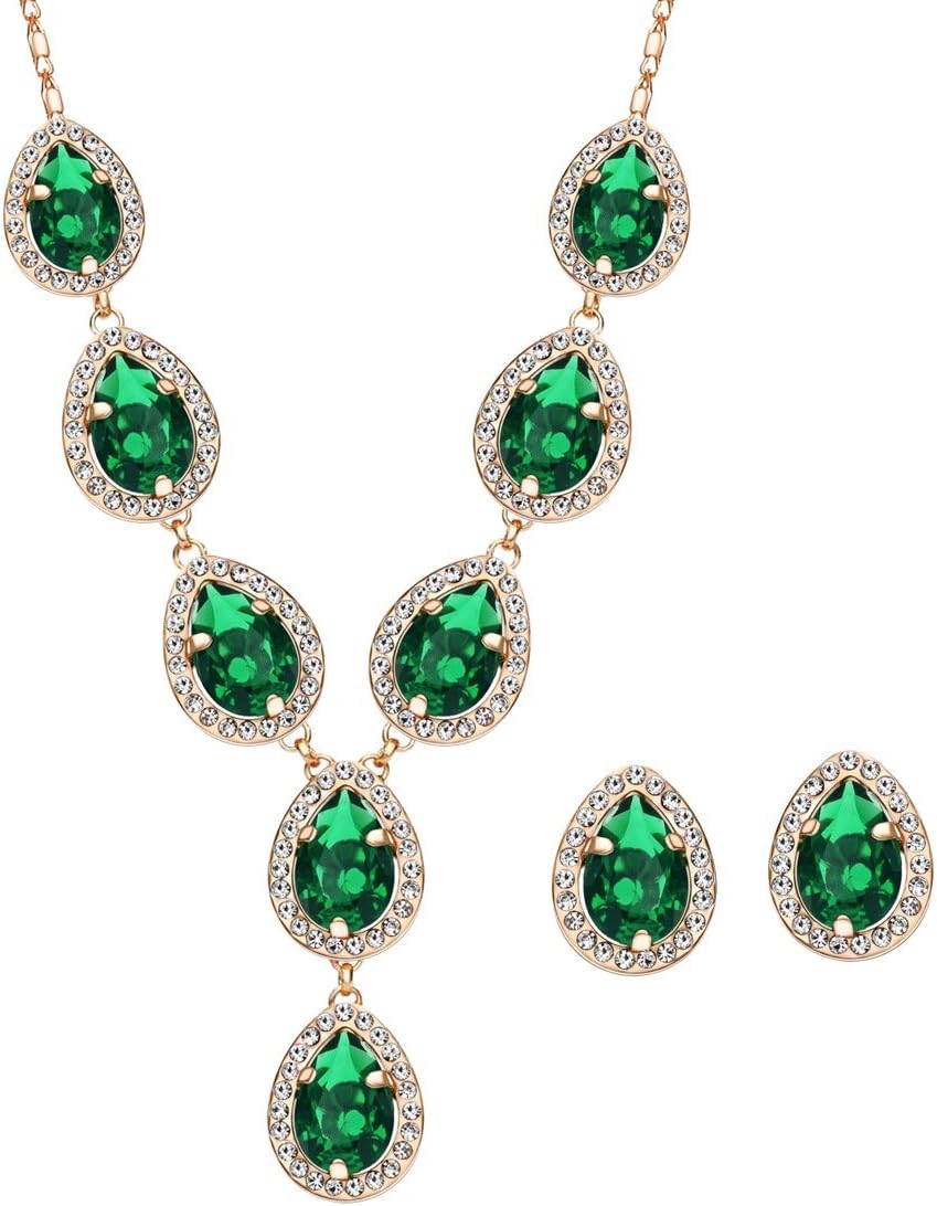 NEOGLORY Green Zircon Rhinestone Rose Gold Plated Jewelry Sets Necklace Earrings 18.5"