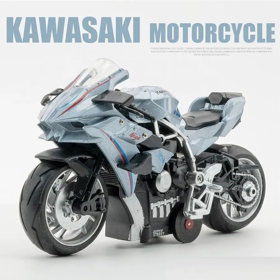 RAMPKD New Toy Kids 1:12 H2R Pull Back Motorcycle Die Cast Motorcycle Suspension Free Roller Toy with Light Music Motorcycle (Multi)(K Saki Ninja H2R_R) 2