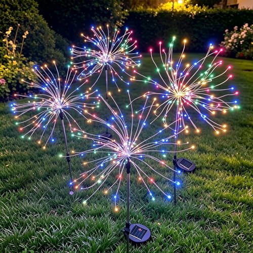 Joysing Lampe Solaire Exterieures Jardin 4 PCS 120 LED Lumière Feux d'artifice Solaire, 8 Modes Lumière Solaire Exterieur Étanche pour Pelouse Fête Patio...