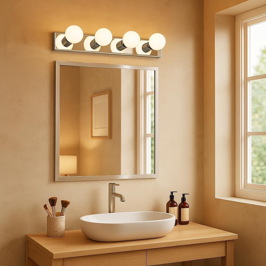 Design House Vanity Lighting, Steel Construction, 4 Vanity Lights, Dimmable, Uses four 60W Bulbs, Polished Chrome, 24.0 In. W x 4.3 In. H x 2.0 In. D, 500892