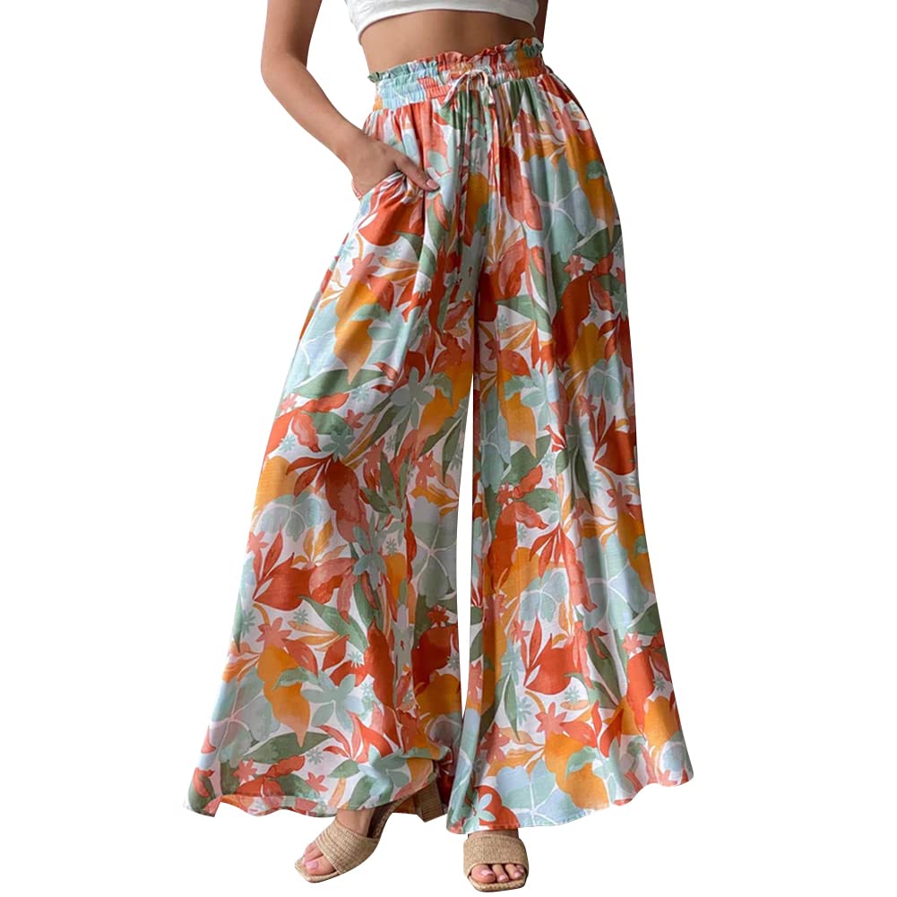 Odizli Pantaloni lunghi da donna eleganti bohémien, in chiffon, a vita alta, larghi, da spiaggia