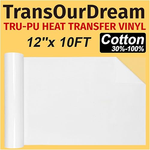 TransOurDream Matte White HTV Heat Transfer Vinyl Roll for All Cutter Machines - 12'' x 10ft White Iron on Vinyl for T-Shirts - Thin and Easy to Weed