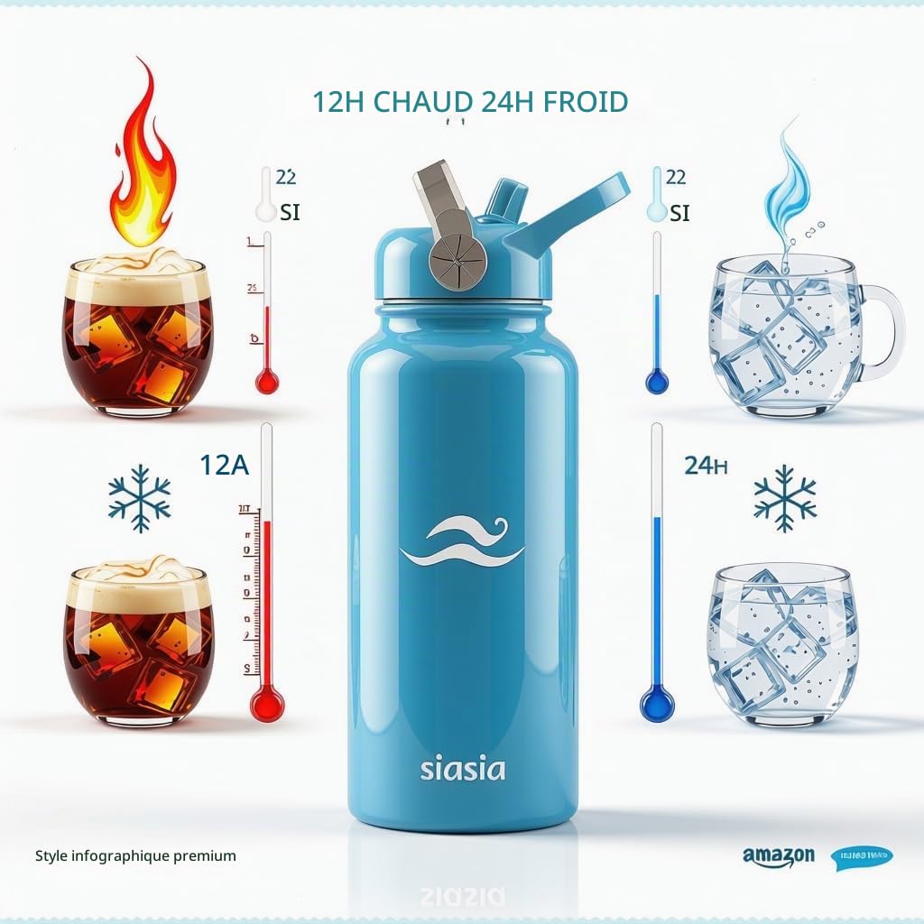 SIASIA Coffret Gourde Isotherme 1L Inox Sans BPA Support Magnétique Bleue Ciel