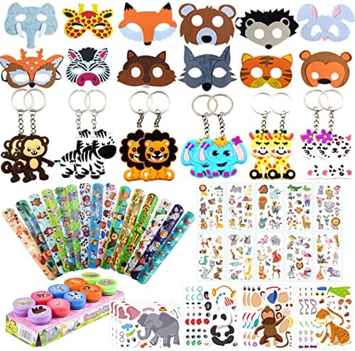 DOSEWART 71Pcs Jungle Party Favors, Safari Theme Birthday Party Supplies with Felt Jungle Animal Masks, Temporary Tattoos for Kids, Slap Bracelets, Animal Sticker, Stampers for Goodie Bag Fillers