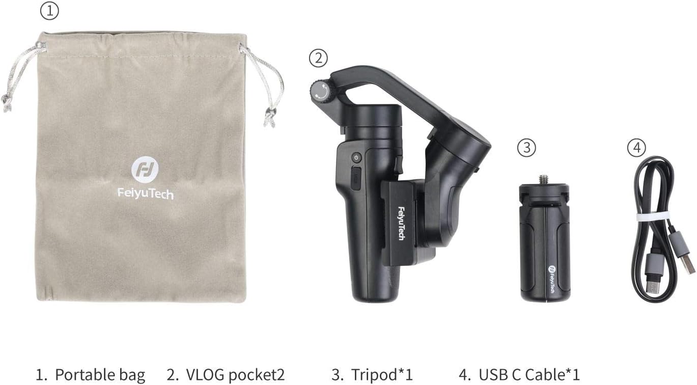 Contents of FeiyuTech VLOG Pocket 2 package including gimbal, tripod, cable, and bag