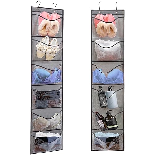 2 Pack Over the Door Shoe Organizer Hanging Shelve for Closet Clothes Storage Stuffed Animals Holder with 6 Large Pockets (Clear Pockets - 2 Pack)