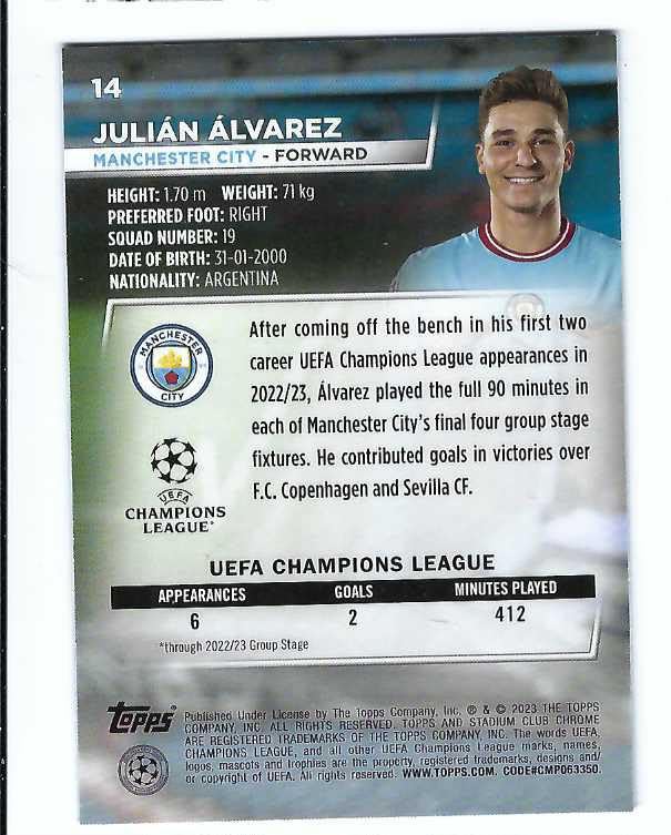 Cromos de Futbol Julián Álvarez Manchester City Topps Champions League
